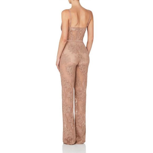 NUDE LACE BANDAGE JUMPSUIT BEIGE CORSET PANTSUIT - Picture 3 of 10